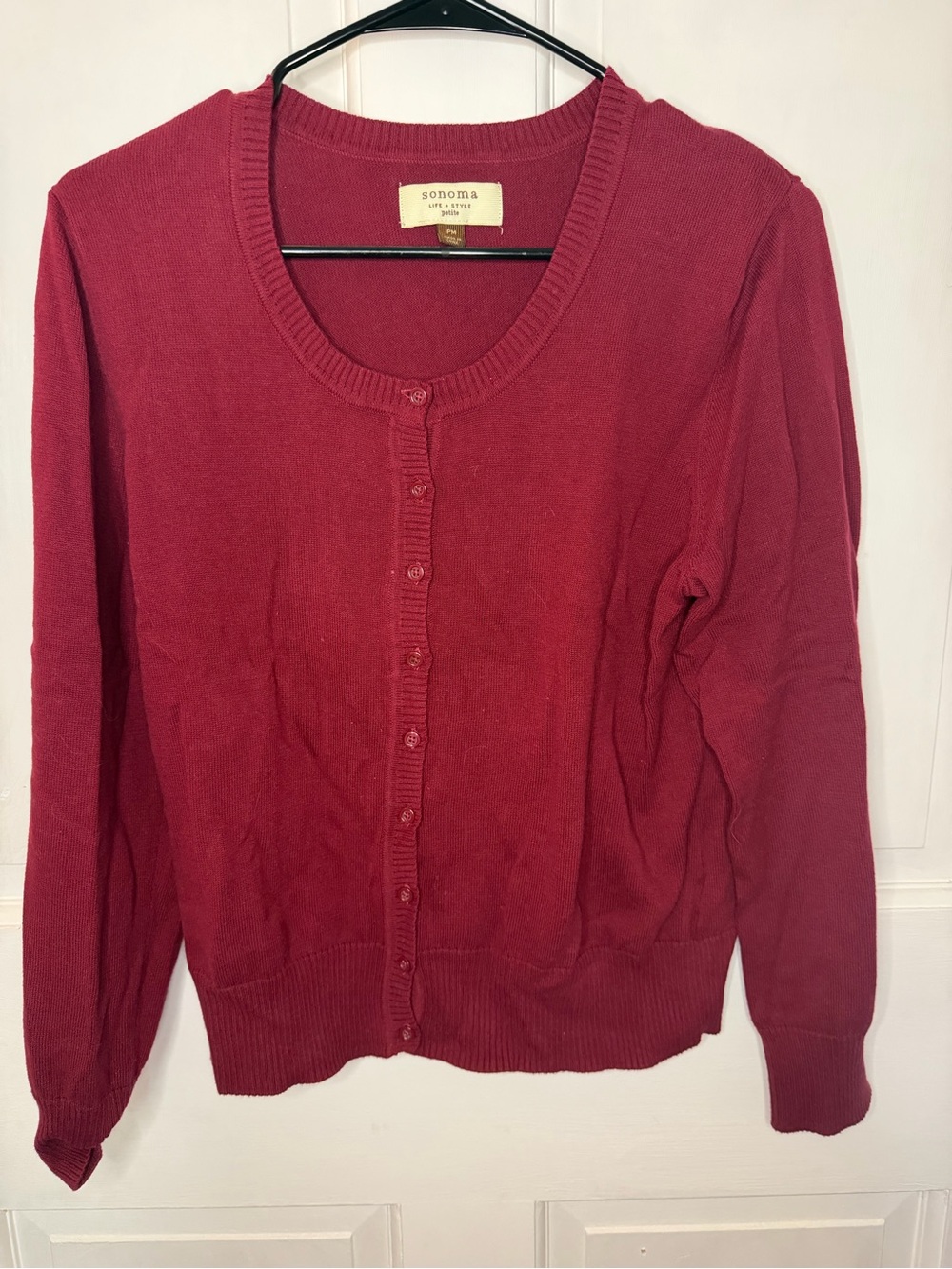 Sonoma Life + Style Petites PM Cotton Knit Cardigan Scoop Neck Burgundy LS